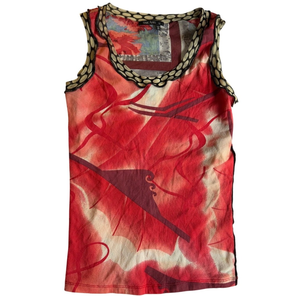 Marc Aurel Y2K Mesh Tank Top Size 36 Small Red Abstract Floral Scalloped Tirm - Picture 2 of 7